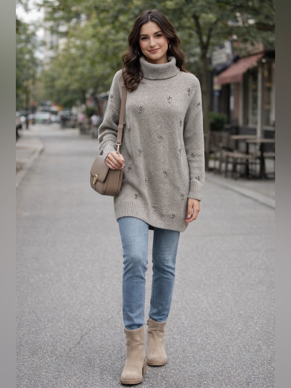 Piccadilly Turtleneck beaded Embellished Knit Sweater - Taupe Sz L